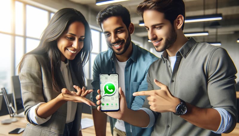 Tres jóvenes con teléfono en la mano disfrutando de la herramienta de generación de Enlaces Directos de WhatsApp y Mensajes Personalizados