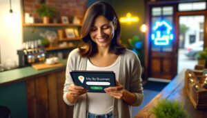 Mujer sonriente actualizando sus datos en Google .Guía para Utilizar Google My Business en mi negocio Local