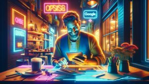 Persona feliz mirando su tableta en una cafetería. Introducción a la Optimización de Perfil de Negocio en Google