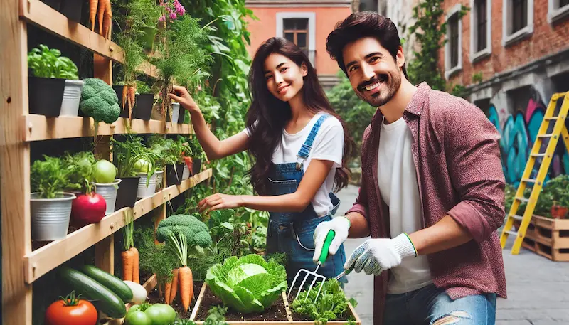 Pareja cultivando en la cuidad. Negocios Locales Sostenibles Cómo la IA Contribuye a Prácticas Más Verdes