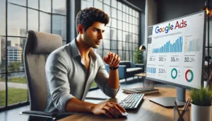 Hombre en su oficina, concentrado en el análisis de métricas de Google Ads en su monitor. Cómo medir el éxito de tus campañas de Google Ads