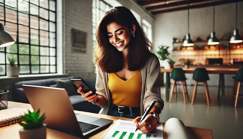 Mujer latina joven revisando su celular mientras toma notas en una libreta. Al fondo, se aprecia una computadora con gráficas. Ella sonríe, relajada, mientras revisa los resultados automáticos de la campaña. Cómo optimizar tu presupuesto en Google Ads